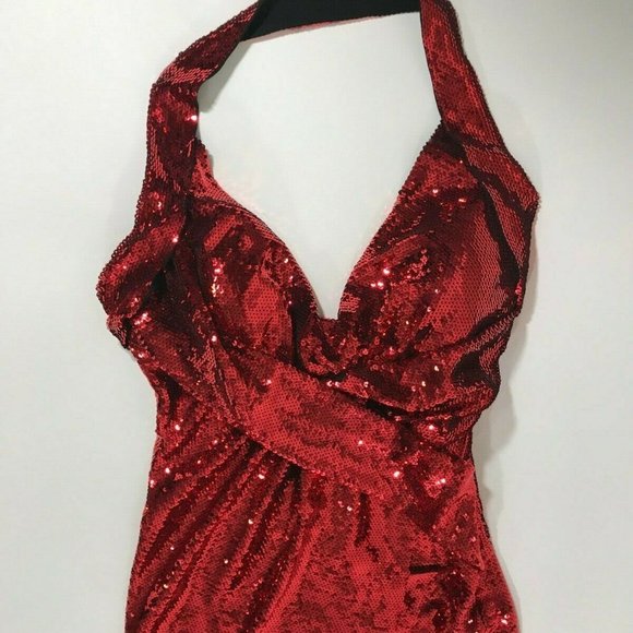 SOLD! AW15 Red Wrpeffect Sequined Crepe Halterneck Dress - Picture 2 of 11